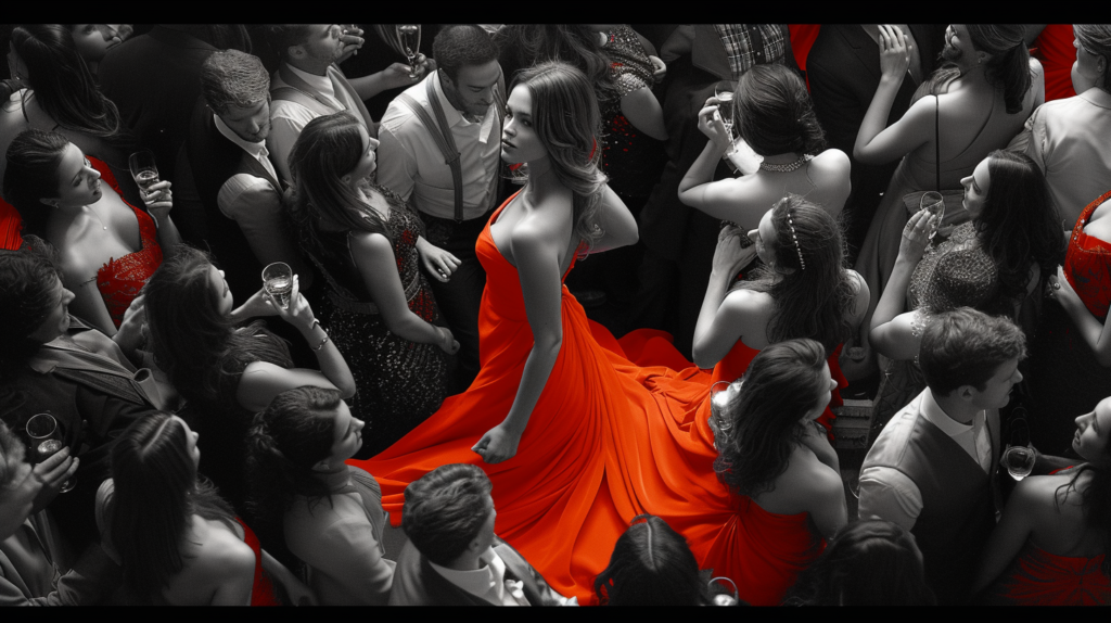 Midjourney generated image - Bright dresses woman in a dull crowd